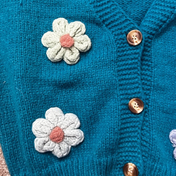 Teal Kids Cardigan with Floral Design - Picture 2 of 5